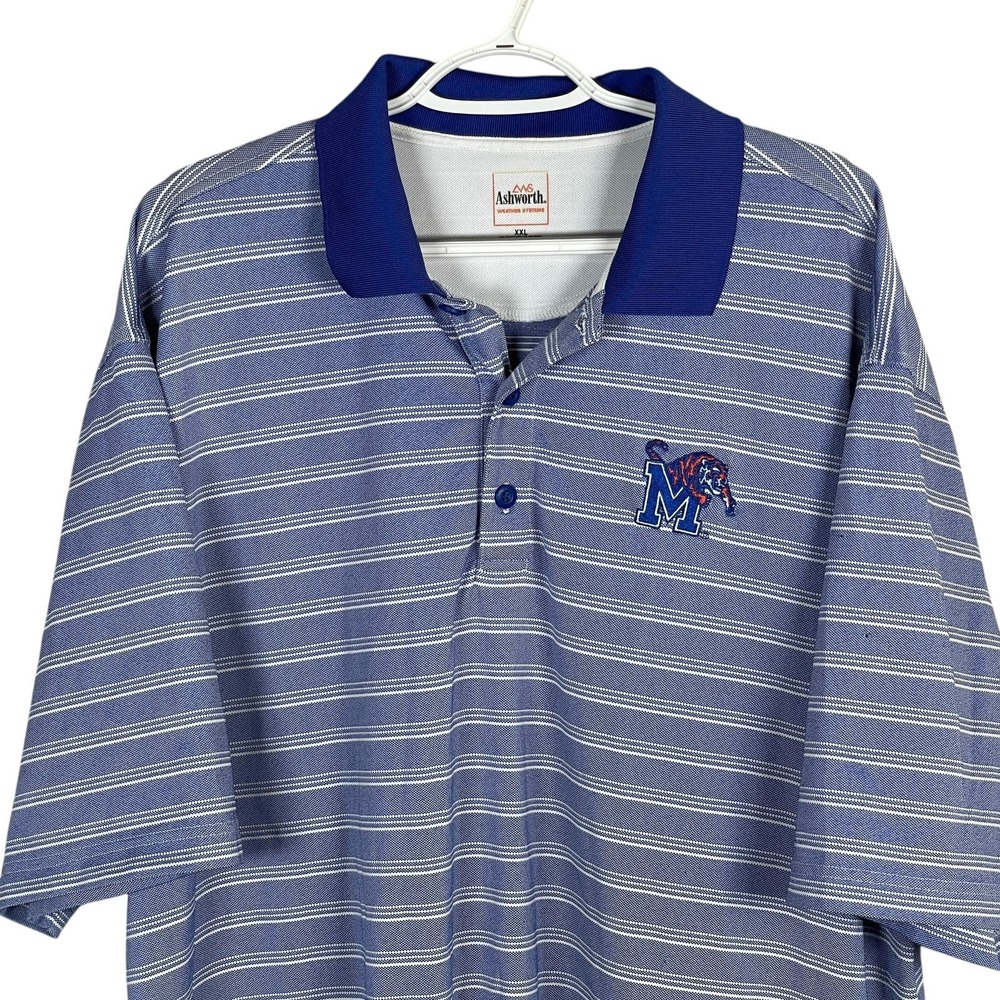 Ashworth Weather Systems Memphis Tigers‎ Polo Shirt Mens 2XL Blue Striped S/S